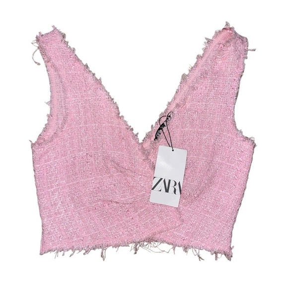Zara NWT pink tweed asymmetrical front cropped tank top women’s size small - Picture 1 of 8